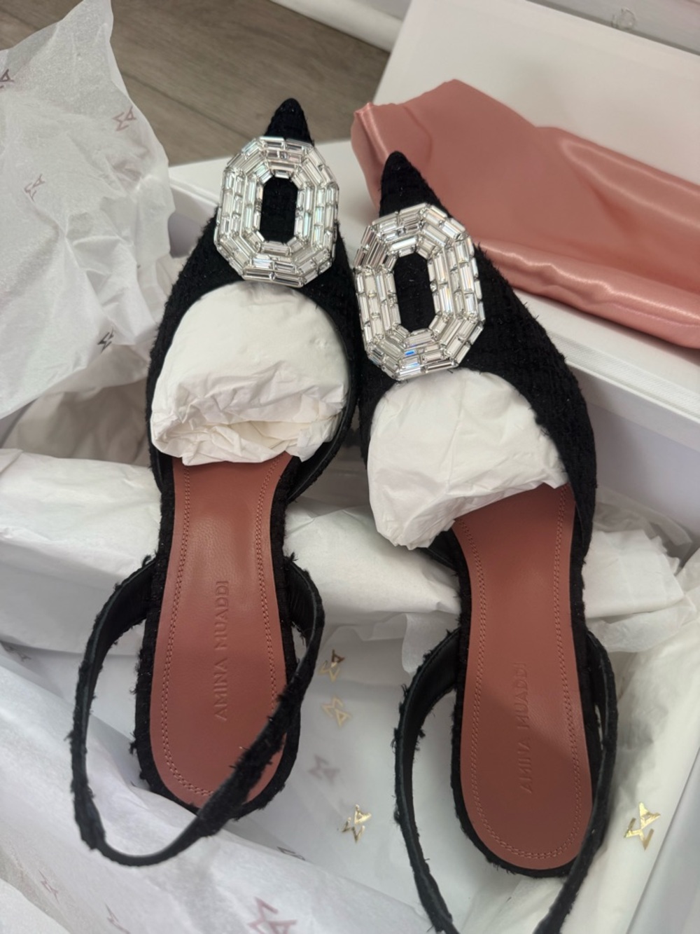Amina Muaddi Camellia Slingback Pointed-Toe Heels with Crystal Buckle - Picture 3 of 10